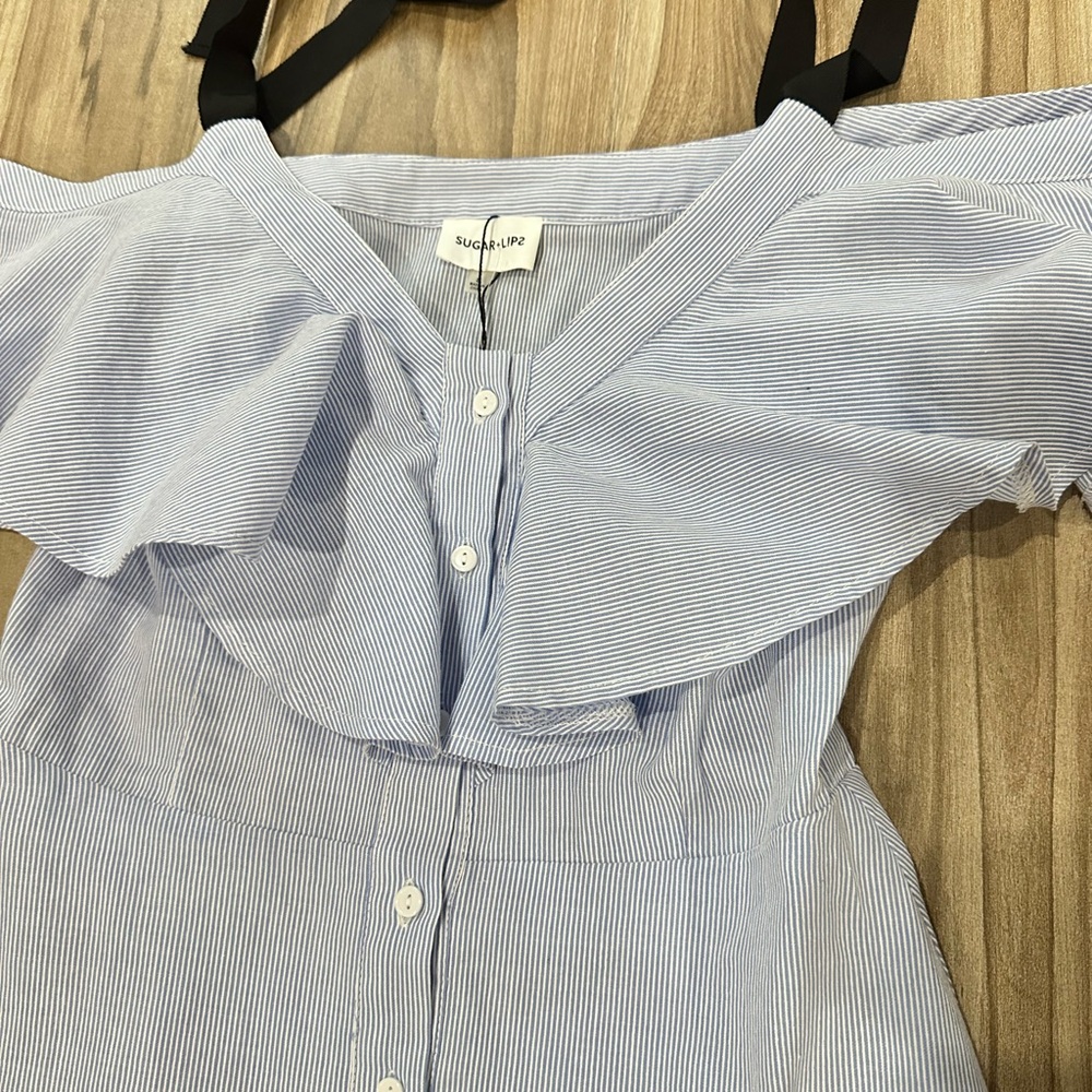 NWT Beautiful and feminine A-Line Sugar+Lips Light Blue Off-Shoulder Dress Sz S - Picture 12 of 16
